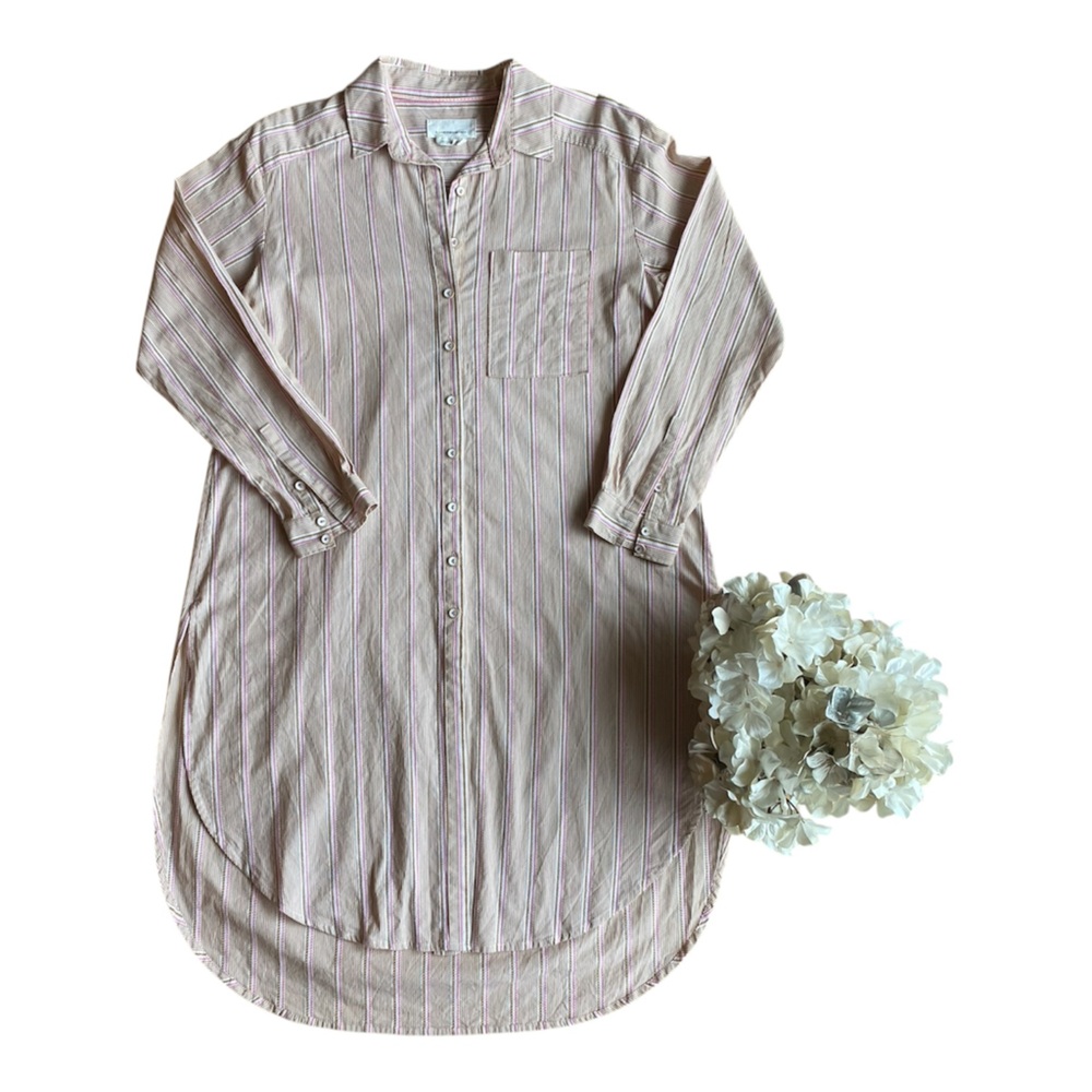 Anthropologie Pink, White and Brown Striped Long Shirt/Tunic/Shirtdress